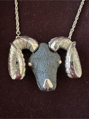 Vtg Signed RAZZA 1970s Aries Black Resin Silver Ram Necklace